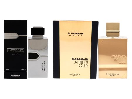 Amber Oud and LAventure Kit by Al Haramain for Men - 2 Pc Kit 6.76 oz EDP Spray, 4 oz EDP Spray (Gold Edition) Online Sale