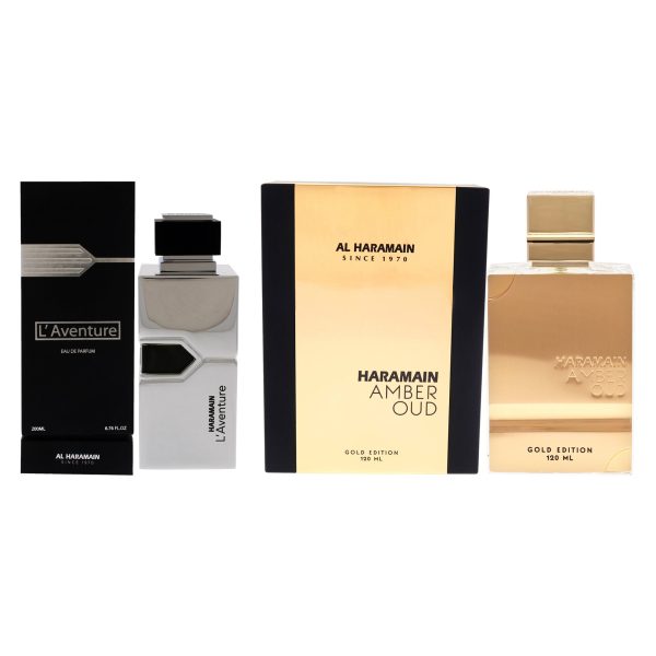 Amber Oud and LAventure Kit by Al Haramain for Men - 2 Pc Kit 6.76 oz EDP Spray, 4 oz EDP Spray (Gold Edition) Online Sale